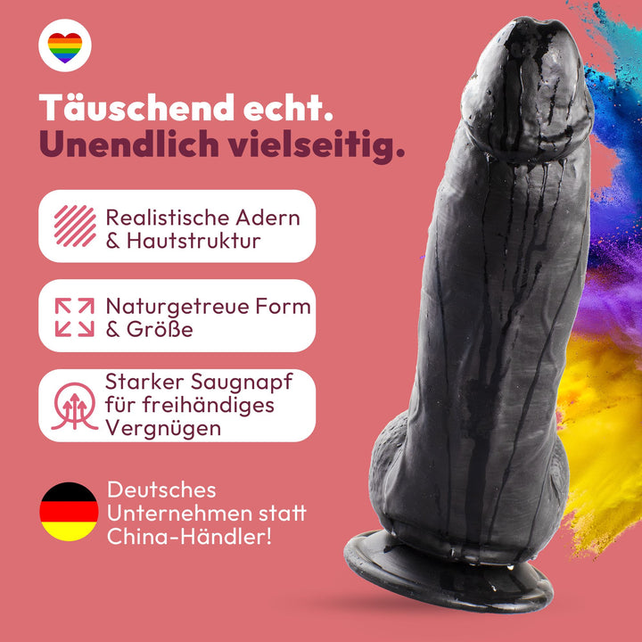 Dildo 21 cm mit Hoden & Saugnapf – gebogener Penis mit Adern & Eichel, Schwarz