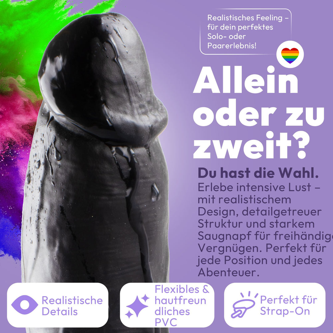 Dildo 21 cm mit Hoden & Saugnapf – gebogener Penis mit Adern & Eichel, Schwarz