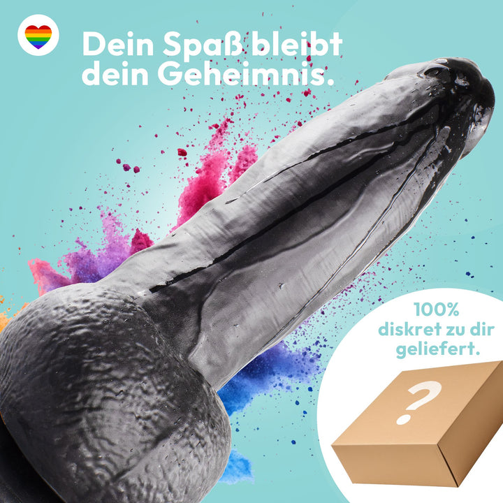 Dildo 21 cm mit Hoden & Saugnapf – gebogener Penis mit Adern & Eichel, Schwarz