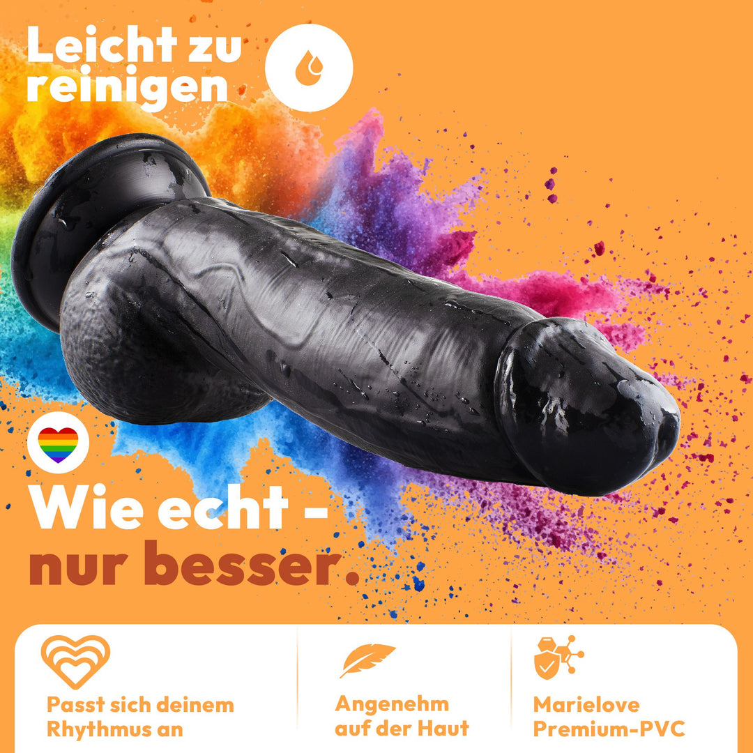 Dildo 21 cm mit Hoden & Saugnapf – gebogener Penis mit Adern & Eichel, Schwarz