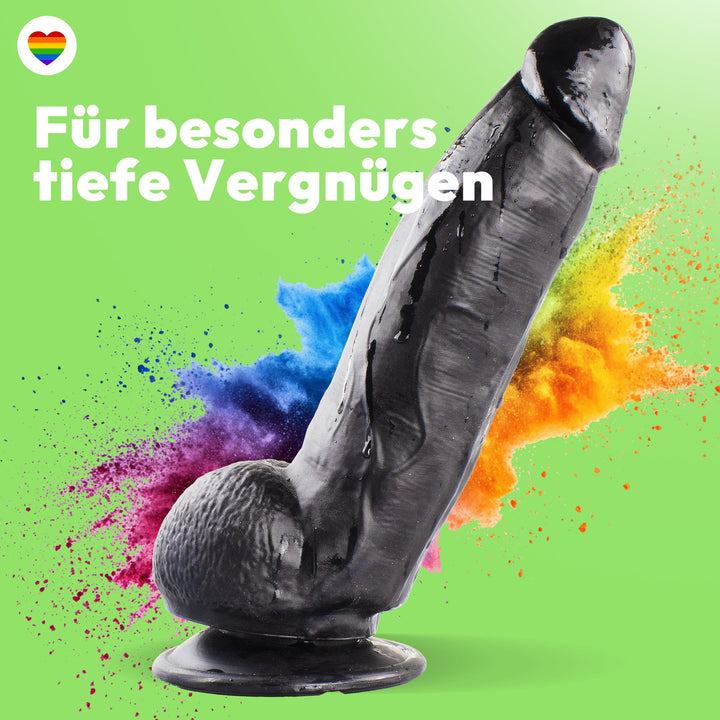 Dildo 21 cm mit Hoden & Saugnapf – gebogener Penis mit Adern & Eichel, Schwarz