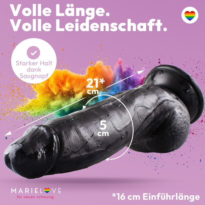 Dildo 21 cm mit Hoden & Saugnapf – gebogener Penis mit Adern & Eichel, Schwarz