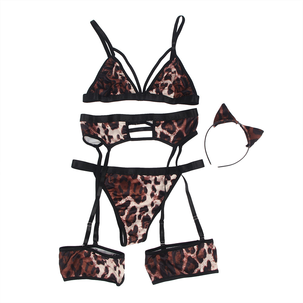 Leopard Print Sexy Lingerie Set – Headwear, Garter & Bra Outfit, High-Quality