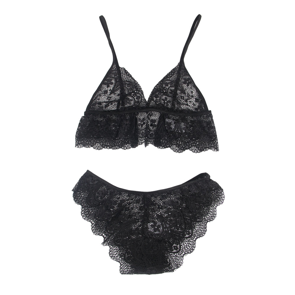 Sexy Schwarzes Spitzen Dessous Set 2-teilig Bralette, 95% Polyester, 5% Elastan