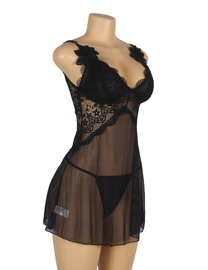 V-Neck Black Lace Babydoll – Strap & Flower Design, Sexy High-Quality Lingerie
