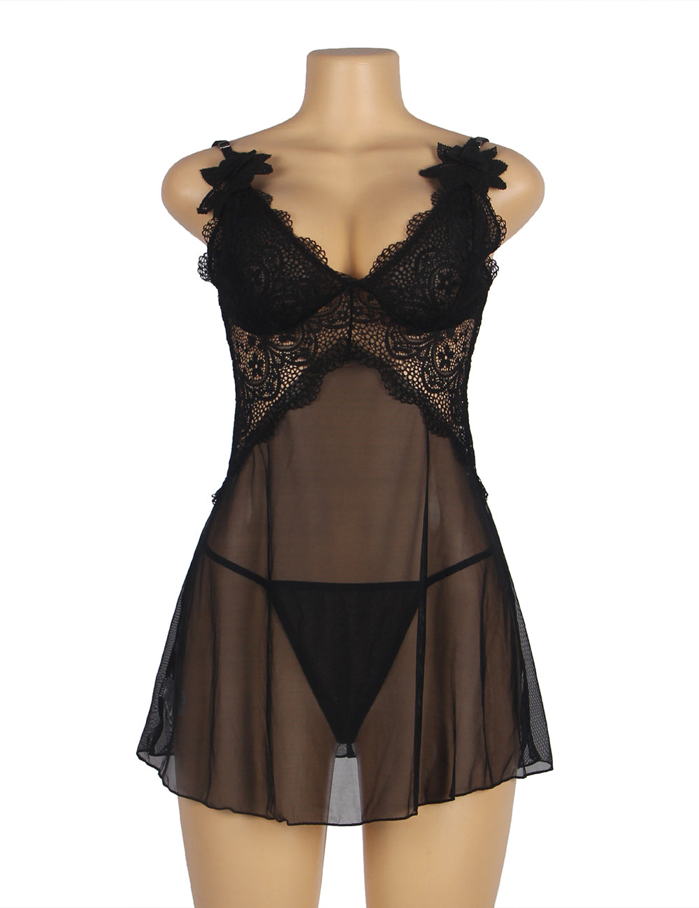 V-Neck Black Lace Babydoll – Strap & Flower Design, Sexy High-Quality Lingerie
