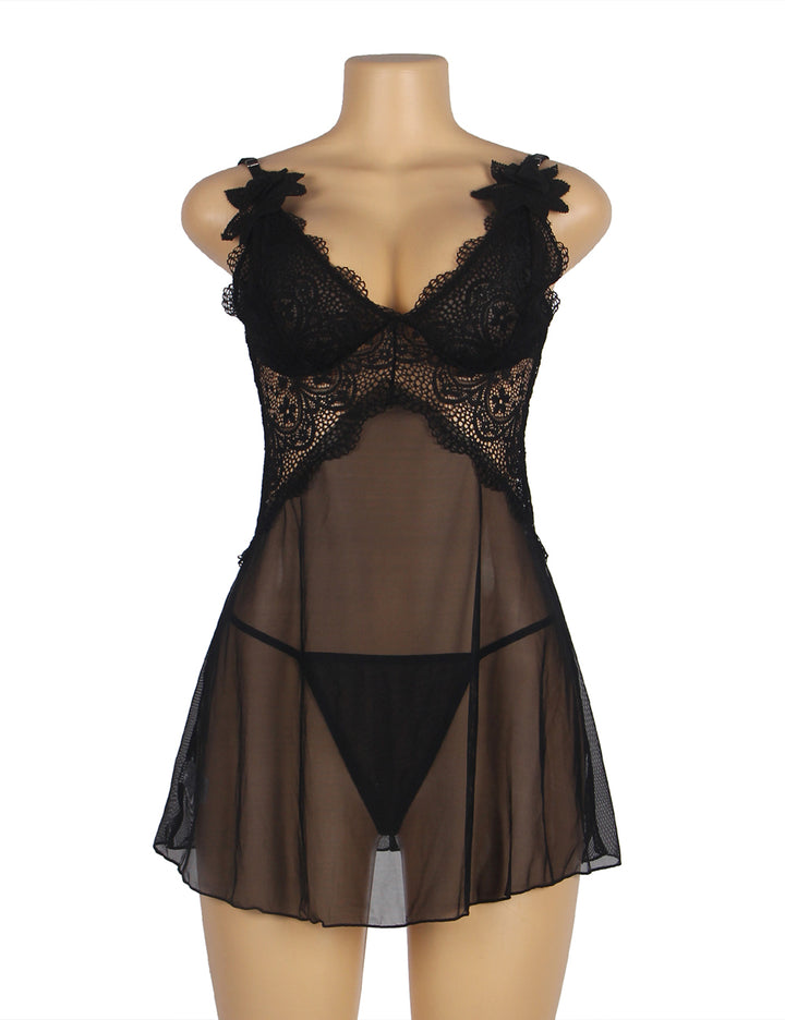 V-Neck Black Lace Babydoll – Strap & Flower Design, Sexy High-Quality Lingerie