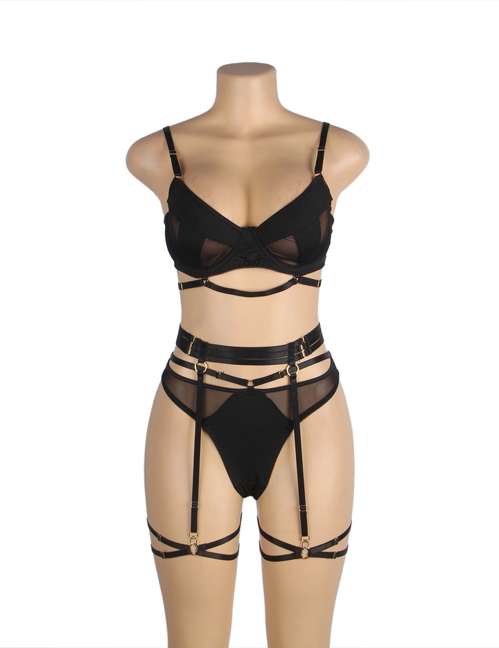 Black Mesh Underwire Lingerie Set – Garter & Bra, Sexy High-Quality Outfit