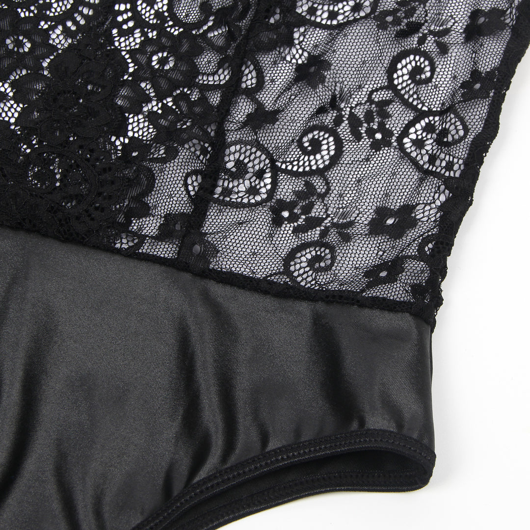 Black Sleeveless Lace Bodysuit – Deep V-Neck Faux Leather, Sexy High-Quality Lingerie