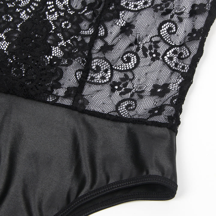 Black Sleeveless Lace Bodysuit – Deep V-Neck Faux Leather, Sexy High-Quality Lingerie
