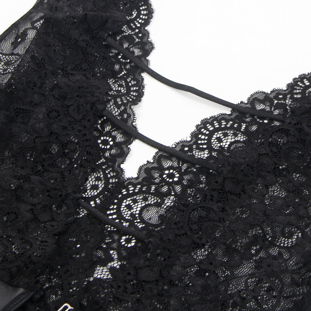 Black Sleeveless Lace Bodysuit – Deep V-Neck Faux Leather, Sexy High-Quality Lingerie