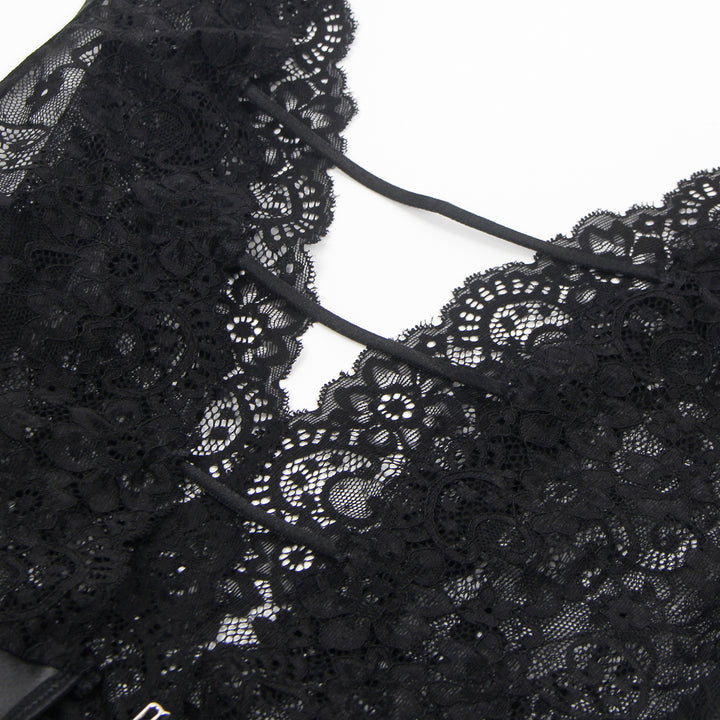Black Sleeveless Lace Bodysuit – Deep V-Neck Faux Leather, Sexy High-Quality Lingerie