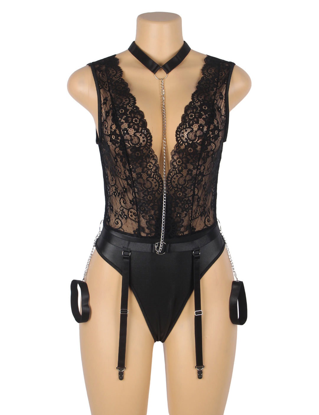 Black Sleeveless Lace Bodysuit – Deep V-Neck Faux Leather, Sexy High-Quality Lingerie
