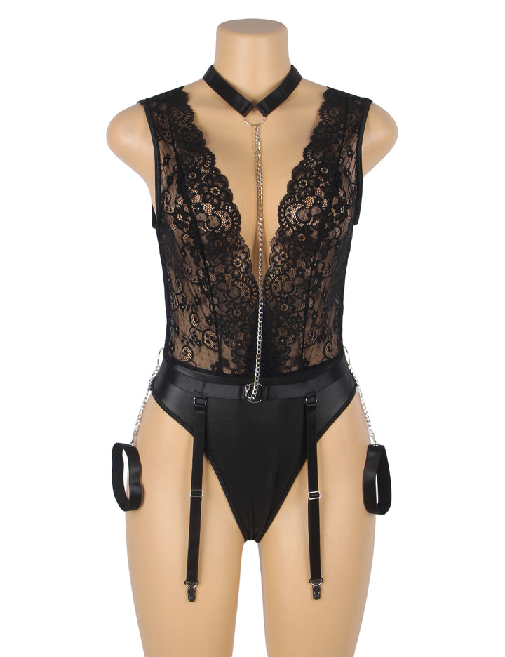 Black Sleeveless Lace Bodysuit – Deep V-Neck Faux Leather, Sexy High-Quality Lingerie