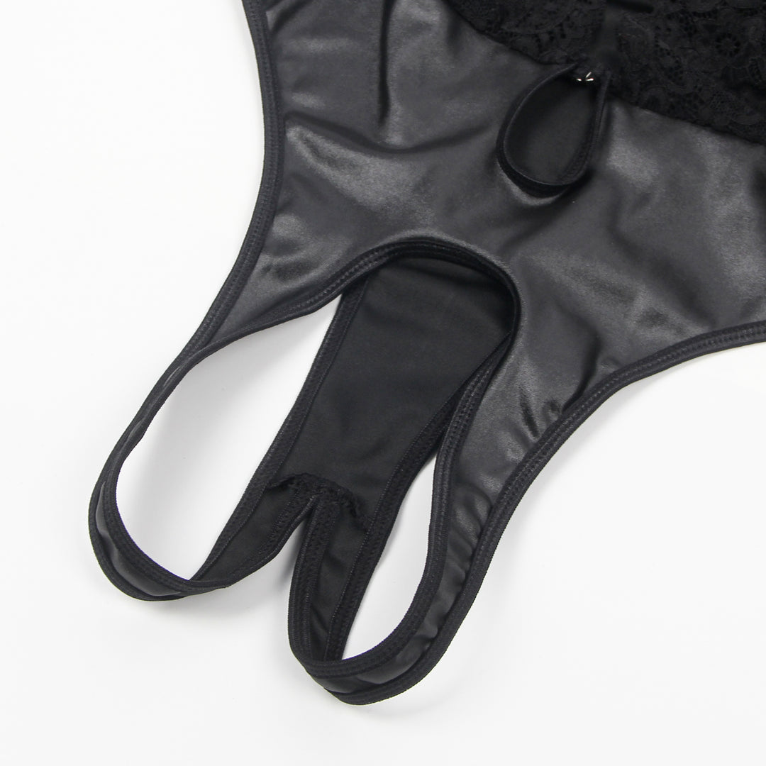 Black Sleeveless Lace Bodysuit – Deep V-Neck Faux Leather, Sexy High-Quality Lingerie