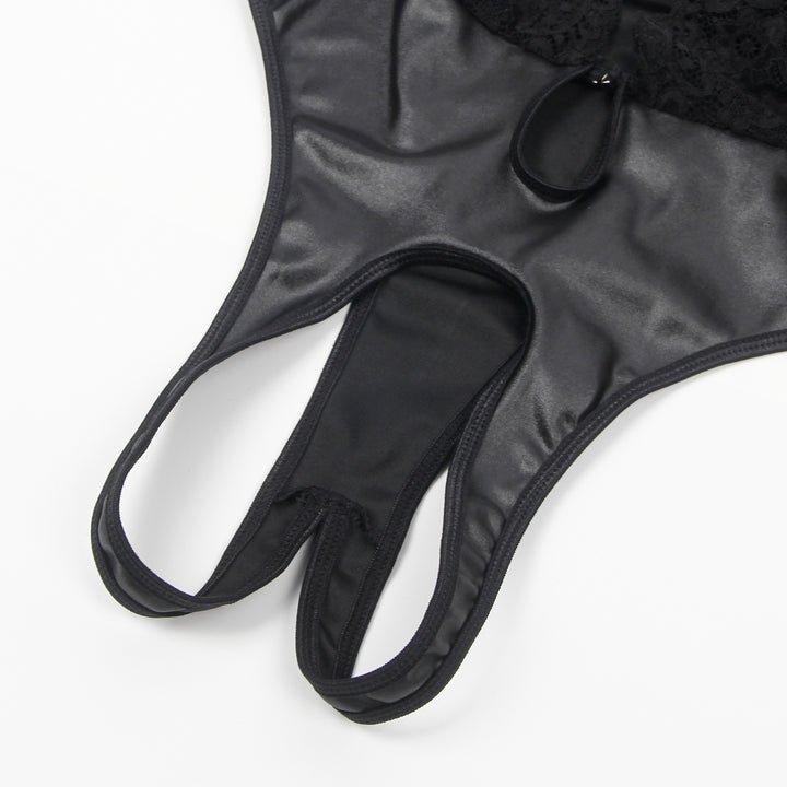 Black Sleeveless Lace Bodysuit – Deep V-Neck Faux Leather, Sexy High-Quality Lingerie
