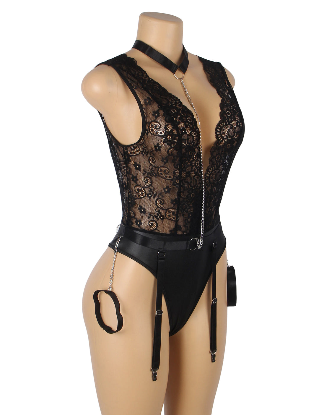 Black Sleeveless Lace Bodysuit – Deep V-Neck Faux Leather, Sexy High-Quality Lingerie