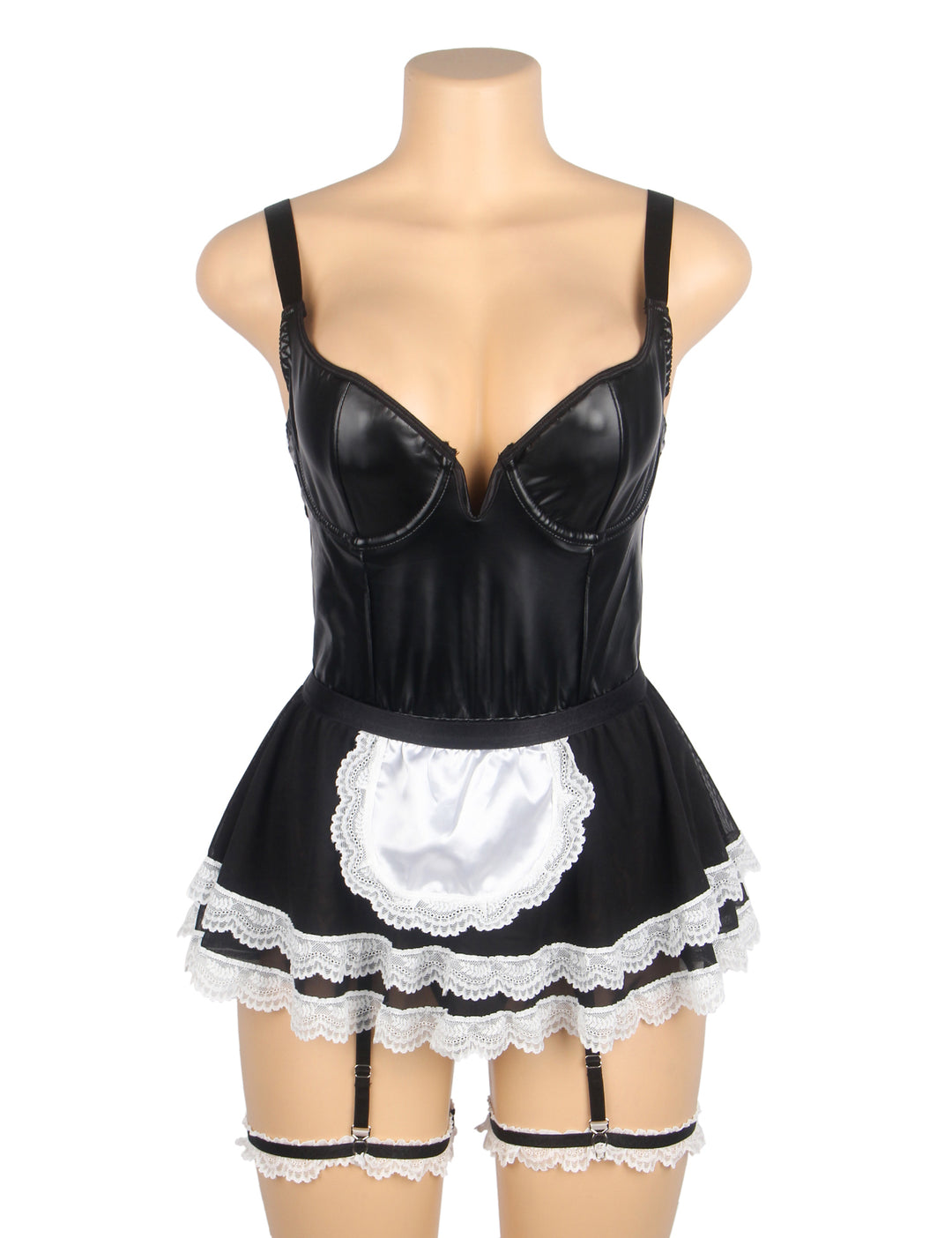 Sexy Maid Kostüm – Schwarzes PU-Leder & Mesh, Cosplay Outfit, Dessous