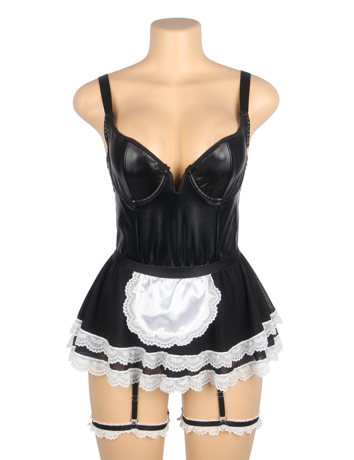 Sexy Maid Kostüm – Schwarzes PU-Leder & Mesh, Cosplay Outfit, Dessous