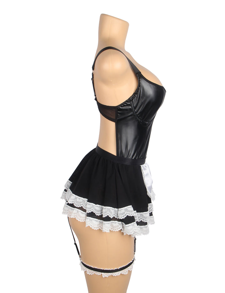 Sexy Maid Kostüm – Schwarzes PU-Leder & Mesh, Cosplay Outfit, Dessous
