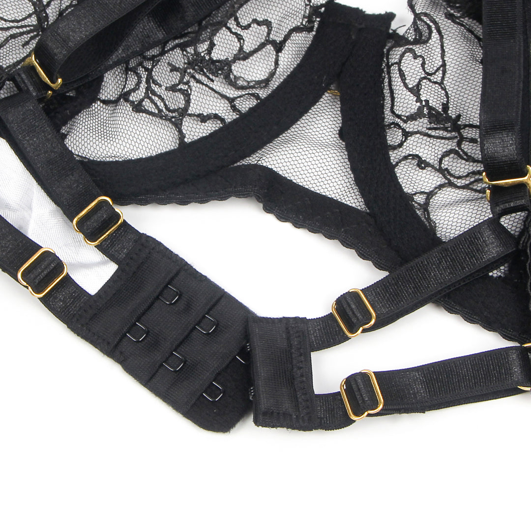 Sexy Schwarzes Spitzen-Lingerie Set – BH, Slip & Strapse, verführerische Dessous