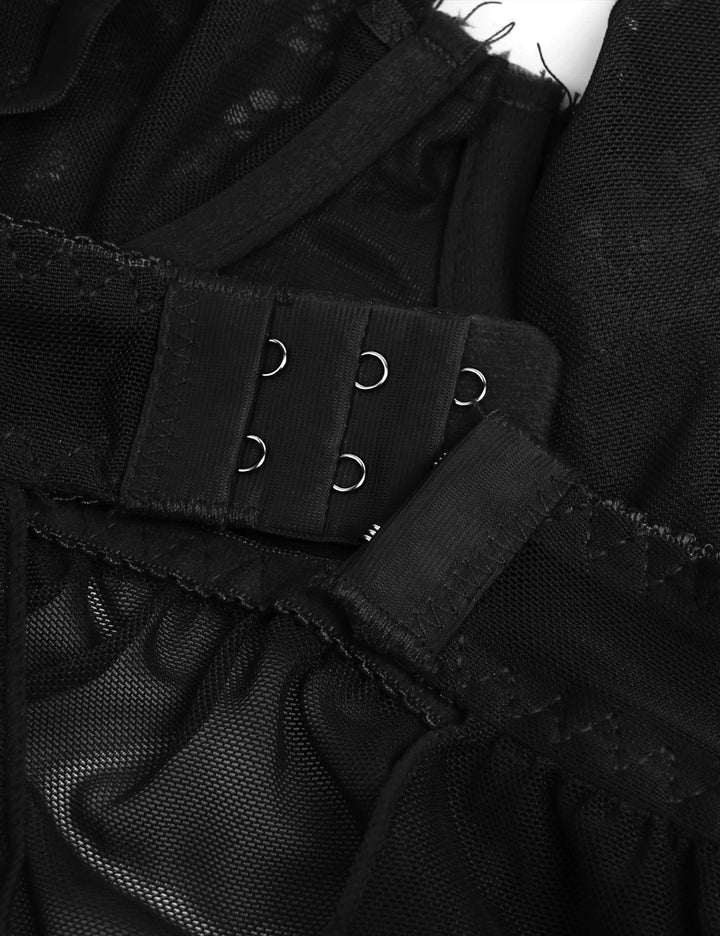 Sexy Schwarzes Nachtkleid – Spitzen-Mesh, Push-Up & Kreuzträger, verführerische Lingerie
