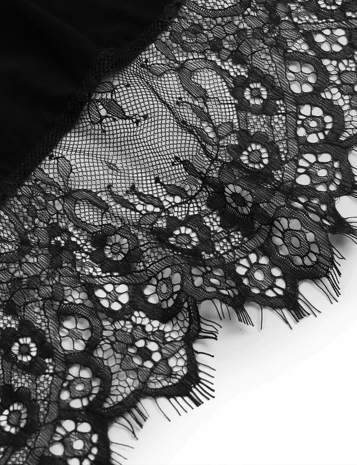 Sexy Schwarzes Nachtkleid – Spitzen-Mesh, Push-Up & Kreuzträger, verführerische Lingerie