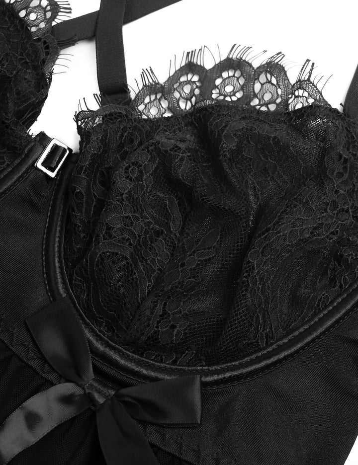 Sexy Schwarzes Nachtkleid – Spitzen-Mesh, Push-Up & Kreuzträger, verführerische Lingerie
