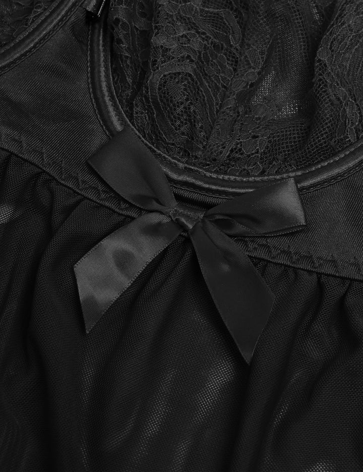Sexy Schwarzes Nachtkleid – Spitzen-Mesh, Push-Up & Kreuzträger, verführerische Lingerie