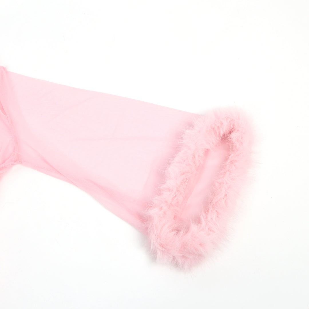 Sexy Kurze Morgenrobe – Pinkes Mesh & Nerz-Fell, Gürtel, verführerische Lingerie