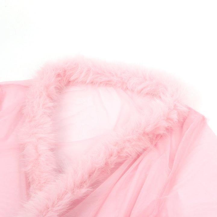 Sexy Kurze Morgenrobe – Pinkes Mesh & Nerz-Fell, Gürtel, verführerische Lingerie