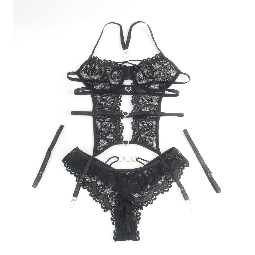 Sexy Schwarzes Spitzen-Lingerie Set – BH, Slip & Strapse, verführerische Dessous