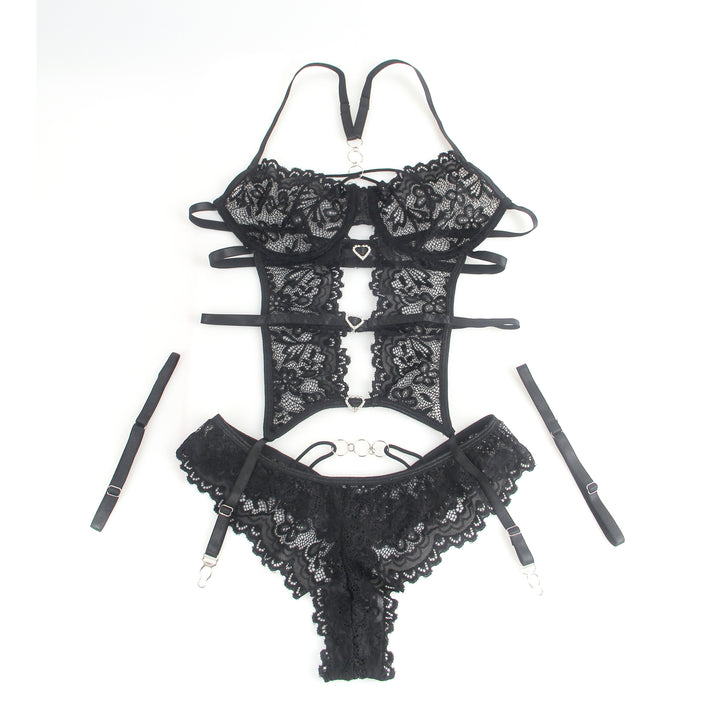 Sexy Schwarzes Spitzen-Lingerie Set – BH, Slip & Strapse, verführerische Dessous