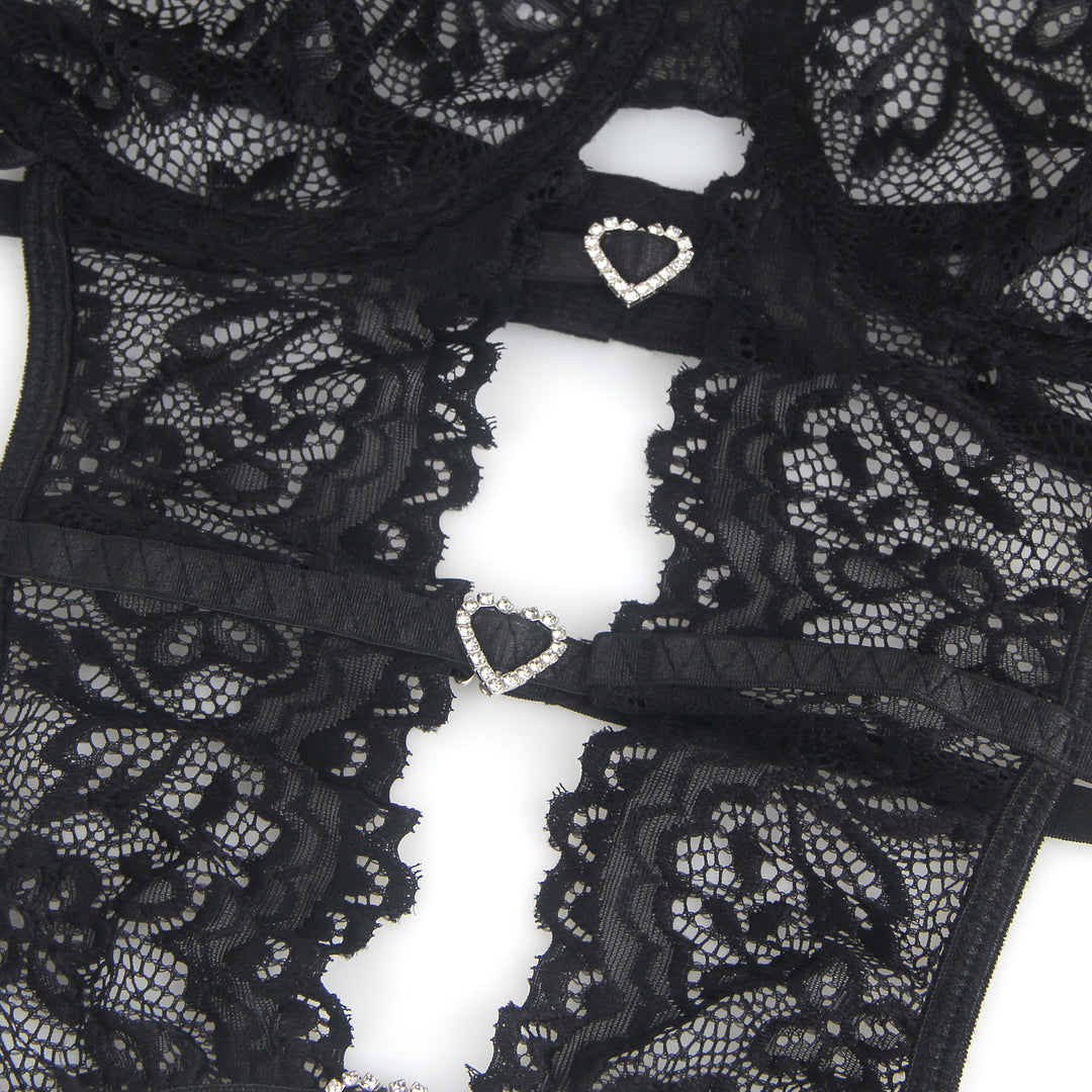 Sexy Schwarzes Spitzen-Lingerie Set – BH, Slip & Strapse, verführerische Dessous