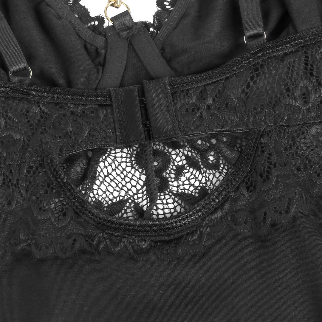 Sexy Schwarzes Nachtkleid – Modal, Spitze & Schlitz, verführerische Lingerie