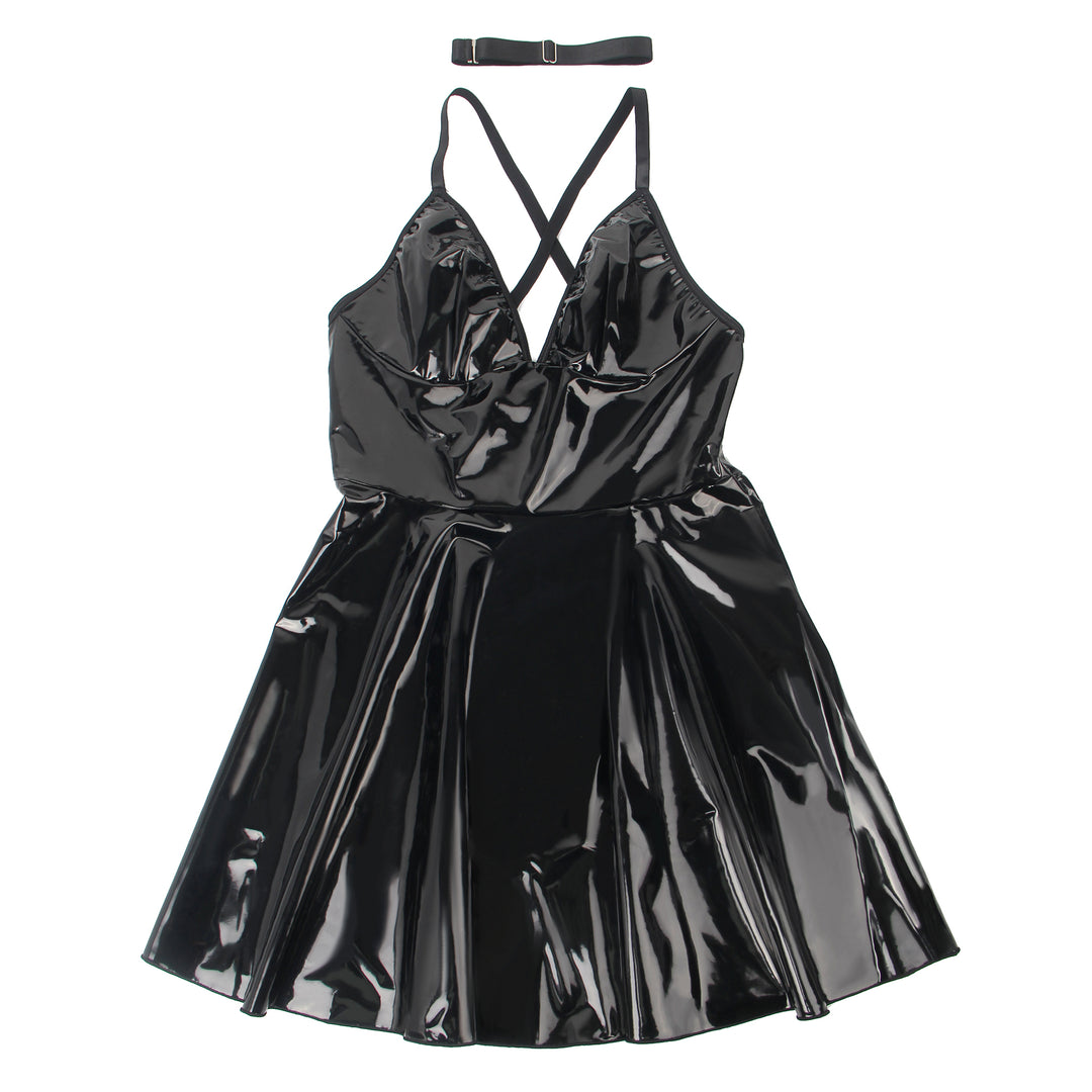 Sexy Schwarzes Wet-Look Nachtkleid – Faux-Leder, Deep V-Neck & Strapse, Lingerie