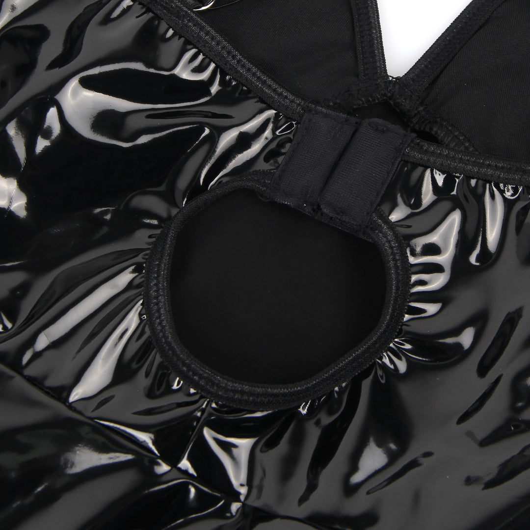 Sexy Schwarzes Wet-Look Nachtkleid – Faux-Leder, Deep V-Neck & Strapse, Lingerie