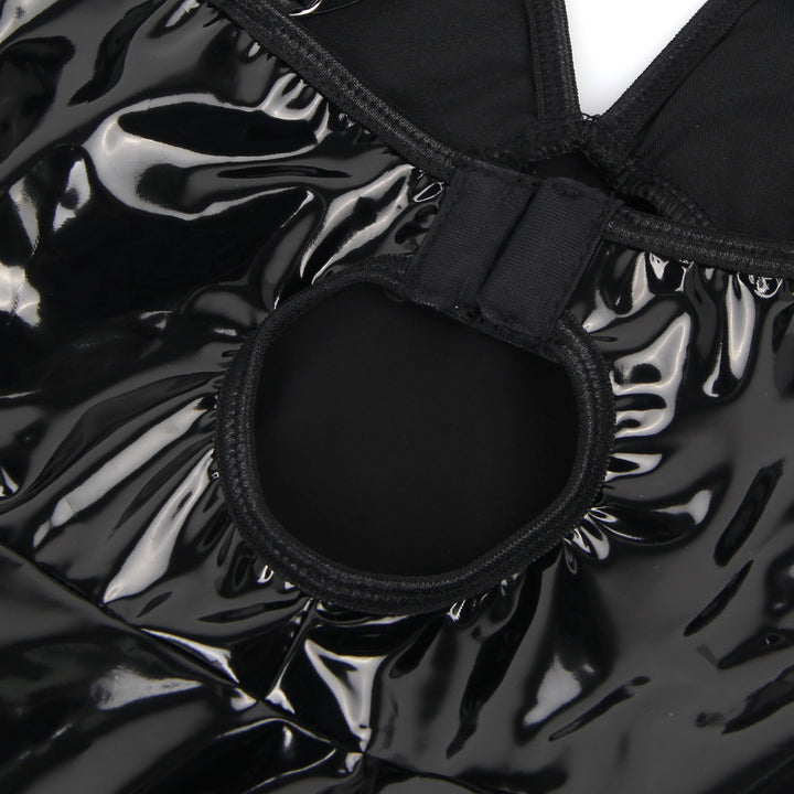Sexy Schwarzes Wet-Look Nachtkleid – Faux-Leder, Deep V-Neck & Strapse, Lingerie