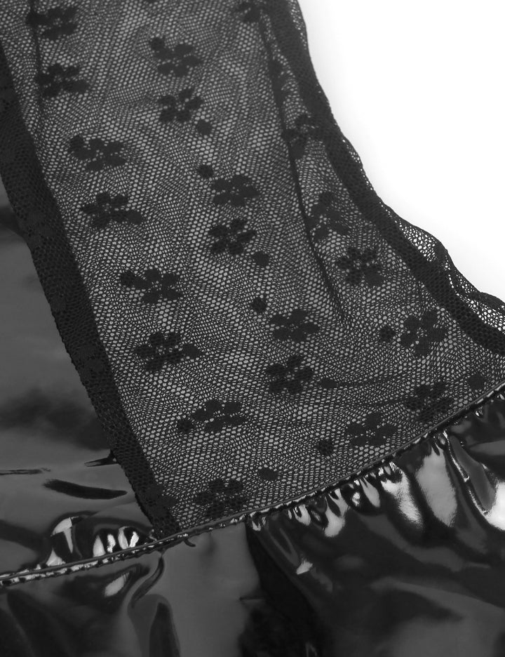 Sexy Schwarze Wet-Look Lingerie – Halter-BH, Patent-Leder & Spitze, Strapse