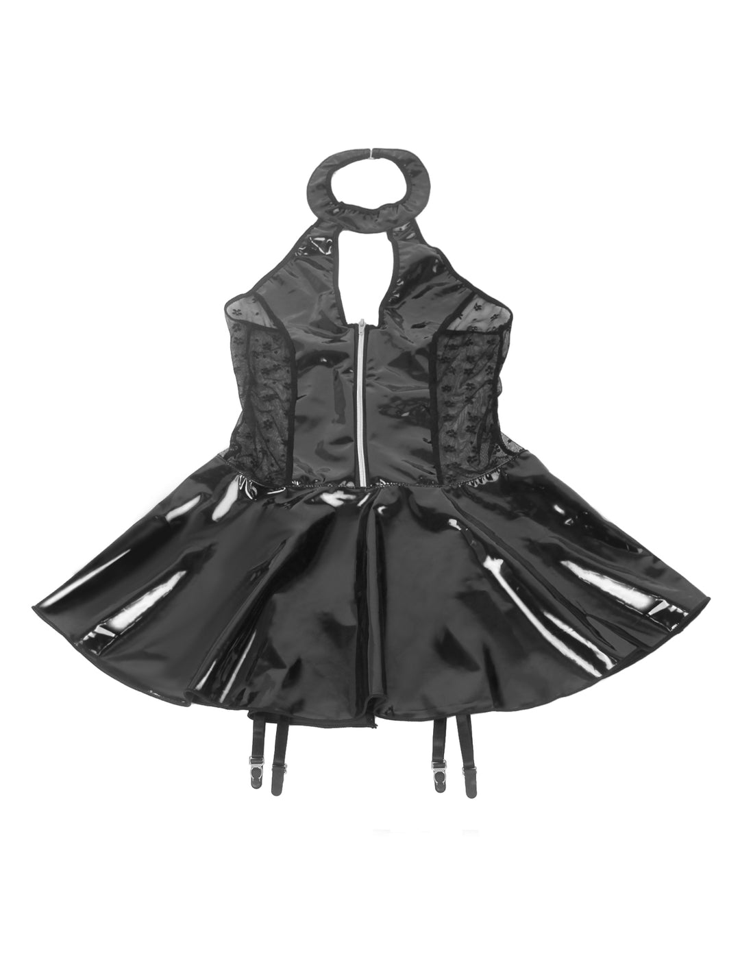 Sexy Schwarze Wet-Look Lingerie – Halter-BH, Patent-Leder & Spitze, Strapse