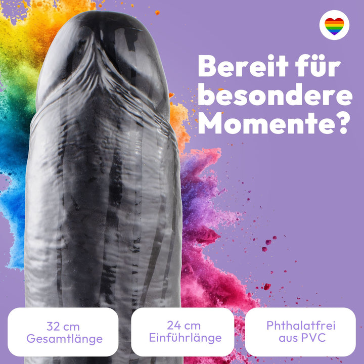 Marielove XXL Dildo Schwarz, 32 cm mit markanter Eichel & Venenstruktur, Ø 8 cm